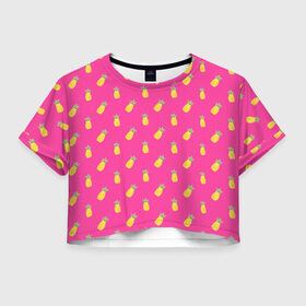 Женская футболка 3D укороченная с принтом Ананасы в Петрозаводске, 100% полиэстер | круглая горловина, длина футболки до линии талии, рукава с отворотами | акварель | ананас | арт | лето | орнамент | паттерн | розовый | тропики | узор | фрукт | фрукты
