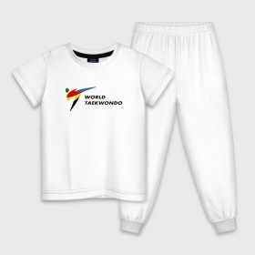 Детская пижама хлопок с принтом World Taekwondo logo в Петрозаводске, 100% хлопок |  брюки и футболка прямого кроя, без карманов, на брюках мягкая резинка на поясе и по низу штанин
 | Тематика изображения на принте: world taekwondo | wt | логотип | тхэквондо