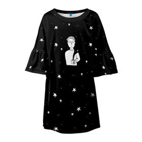 Детское платье 3D с принтом Чай Космос в Петрозаводске, 100% полиэстер | прямой силуэт, чуть расширенный к низу. Круглая горловина, на рукавах — воланы | звезды | корабль | космонавт | кофе | мужчина | небо | ночь | парень | черно белый | эмоции