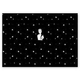 Поздравительная открытка с принтом Чай Космос в Петрозаводске, 100% бумага | плотность бумаги 280 г/м2, матовая, на обратной стороне линовка и место для марки
 | Тематика изображения на принте: звезды | корабль | космонавт | кофе | мужчина | небо | ночь | парень | черно белый | эмоции