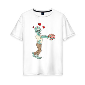 Женская футболка хлопок Oversize с принтом Zombie love в Петрозаводске, 100% хлопок | свободный крой, круглый ворот, спущенный рукав, длина до линии бедер
 | brain | heart | love | zombie | зомби | любовь | мозги | сердце