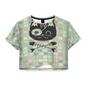 Женская футболка 3D укороченная с принтом Пиратский кот в Петрозаводске, 100% полиэстер | круглая горловина, длина футболки до линии талии, рукава с отворотами | 3d | арт | животные | кости | кот | кубики | пират | текстуры | череп