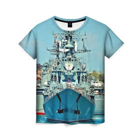 Женская футболка 3D с принтом Сторожевой корабль в Петрозаводске, 100% полиэфир ( синтетическое хлопкоподобное полотно) | прямой крой, круглый вырез горловины, длина до линии бедер | 3d | море | севастополь | сторожевой корабль | судно | черноморский флот