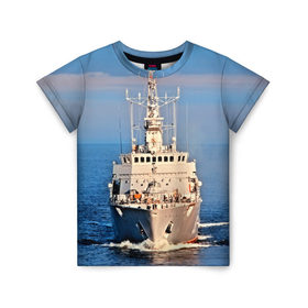 Детская футболка 3D с принтом Тральщик в Петрозаводске, 100% гипоаллергенный полиэфир | прямой крой, круглый вырез горловины, длина до линии бедер, чуть спущенное плечо, ткань немного тянется | Тематика изображения на принте: балтийское море | корабль | судно | флот