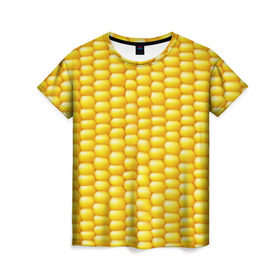 Женская футболка 3D с принтом Сладкая вареная кукуруза в Петрозаводске, 100% полиэфир ( синтетическое хлопкоподобное полотно) | прямой крой, круглый вырез горловины, длина до линии бедер | еда | кукуруза