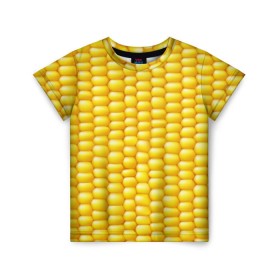 Детская футболка 3D с принтом Сладкая вареная кукуруза в Петрозаводске, 100% гипоаллергенный полиэфир | прямой крой, круглый вырез горловины, длина до линии бедер, чуть спущенное плечо, ткань немного тянется | еда | кукуруза