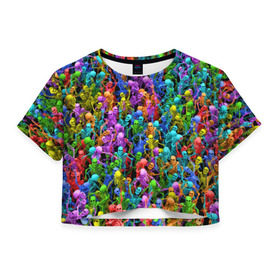 Женская футболка 3D укороченная с принтом Разноцветные скелеты в Петрозаводске, 100% полиэстер | круглая горловина, длина футболки до линии талии, рукава с отворотами | паттерн | разноцветный | скелет | яркий