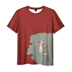 Мужская футболка 3D с принтом Рыжая красит в красный в Петрозаводске, 100% полиэфир | прямой крой, круглый вырез горловины, длина до линии бедер |  банка | девушка | женщина | капли | кисточка | кисть | краска | красная | маляр | мульт | мультяшка | недокрашенная | прикол | рыжеволосая | следы | строитель