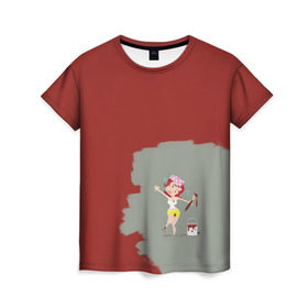 Женская футболка 3D с принтом Рыжая красит в красный в Петрозаводске, 100% полиэфир ( синтетическое хлопкоподобное полотно) | прямой крой, круглый вырез горловины, длина до линии бедер |  банка | девушка | женщина | капли | кисточка | кисть | краска | красная | маляр | мульт | мультяшка | недокрашенная | прикол | рыжеволосая | следы | строитель