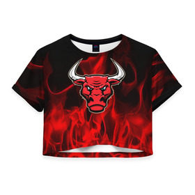 Женская футболка 3D укороченная с принтом Angry bull в Петрозаводске, 100% полиэстер | круглая горловина, длина футболки до линии талии, рукава с отворотами | 3d | angry bull | in fire | бык | в огне | дым | животные | мощь | огненный | огонь | пламя | пожар | сила | стихия