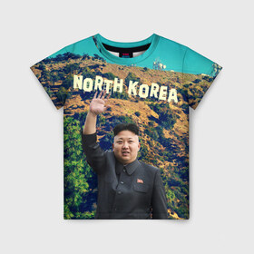 Детская футболка 3D с принтом NORTH KOREA в Петрозаводске, 100% гипоаллергенный полиэфир | прямой крой, круглый вырез горловины, длина до линии бедер, чуть спущенное плечо, ткань немного тянется | Тематика изображения на принте: hollywood | kim jong un | north korea | ким чен ын | северная корея