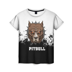 Женская футболка 3D с принтом Pitbull в Петрозаводске, 100% полиэфир ( синтетическое хлопкоподобное полотно) | прямой крой, круглый вырез горловины, длина до линии бедер | 3d | dog | pitbull | абстракция | животные | краска | собака | черно белый