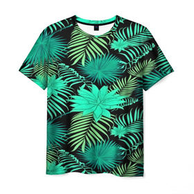 Мужская футболка 3D с принтом Tropical pattern в Петрозаводске, 100% полиэфир | прямой крой, круглый вырез горловины, длина до линии бедер | 3d | арт | лето | листья | пальмы | текстура | узор | цветы