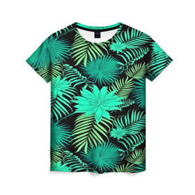 Женская футболка 3D с принтом Tropical pattern в Петрозаводске, 100% полиэфир ( синтетическое хлопкоподобное полотно) | прямой крой, круглый вырез горловины, длина до линии бедер | 3d | арт | лето | листья | пальмы | текстура | узор | цветы