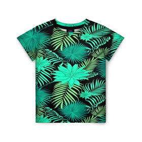 Детская футболка 3D с принтом Tropical pattern в Петрозаводске, 100% гипоаллергенный полиэфир | прямой крой, круглый вырез горловины, длина до линии бедер, чуть спущенное плечо, ткань немного тянется | 3d | арт | лето | листья | пальмы | текстура | узор | цветы