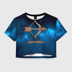 Женская футболка 3D укороченная с принтом Стрелец в Петрозаводске, 100% полиэстер | круглая горловина, длина футболки до линии талии, рукава с отворотами | звезды | космос | созвездие