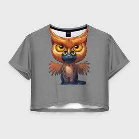 Женская футболка 3D укороченная с принтом Совокот в Петрозаводске, 100% полиэстер | круглая горловина, длина футболки до линии талии, рукава с отворотами | cat | craft the world | owl | кот | кошка | птица | сова