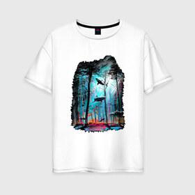 Женская футболка хлопок Oversize с принтом Подводный мир (лес с акулами) в Петрозаводске, 100% хлопок | свободный крой, круглый ворот, спущенный рукав, длина до линии бедер
 | пейзаж | сказочный