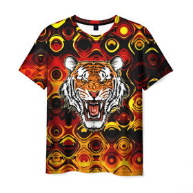 Мужская футболка 3D с принтом Тигр в Петрозаводске, 100% полиэфир | прямой крой, круглый вырез горловины, длина до линии бедер | 3d | abstraction | tiger | абстракция | голова животного | клыки | котята | кошки | крик | полосатый | тигр