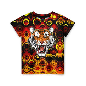 Детская футболка 3D с принтом Тигр в Петрозаводске, 100% гипоаллергенный полиэфир | прямой крой, круглый вырез горловины, длина до линии бедер, чуть спущенное плечо, ткань немного тянется | 3d | abstraction | tiger | абстракция | голова животного | клыки | котята | кошки | крик | полосатый | тигр