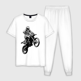 Мужская пижама хлопок с принтом Мотокросс в Петрозаводске, 100% хлопок | брюки и футболка прямого кроя, без карманов, на брюках мягкая резинка на поясе и по низу штанин
 | 3d | арт | байк | краска | мотокросс | мотоцикл | прикольные | цветные