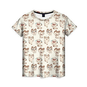 Женская футболка 3D с принтом Стикеры котик в Петрозаводске, 100% полиэфир ( синтетическое хлопкоподобное полотно) | прямой крой, круглый вырез горловины, длина до линии бедер | vk | вк | вконтакте | кот | котик | стикеры