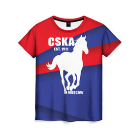 Женская футболка 3D с принтом CSKA est. 1911 в Петрозаводске, 100% полиэфир ( синтетическое хлопкоподобное полотно) | прямой крой, круглый вырез горловины, длина до линии бедер | армейцы | болельщик | кони | красно синие | фанат | футбол | футболист | цска