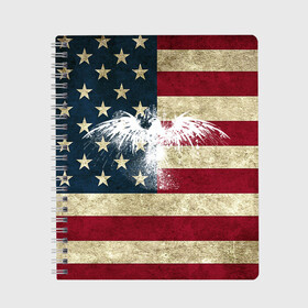 Тетрадь с принтом Флаг США с белым орлом в Петрозаводске, 100% бумага | 48 листов, плотность листов — 60 г/м2, плотность картонной обложки — 250 г/м2. Листы скреплены сбоку удобной пружинной спиралью. Уголки страниц и обложки скругленные. Цвет линий — светло-серый
 | Тематика изображения на принте: usa | америка | американец | америки | звездно полосатый | необычный | нью йорк | орел | соединенные | сша | флаг | штаты | янки
