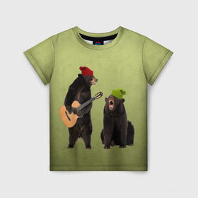 Детская футболка 3D с принтом 2 медведя и гитара в Петрозаводске, 100% гипоаллергенный полиэфир | прямой крой, круглый вырез горловины, длина до линии бедер, чуть спущенное плечо, ткань немного тянется | Тематика изображения на принте: животные | музыка