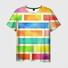 Мужская футболка 3D с принтом Bricks Watercolor в Петрозаводске, 100% полиэфир | прямой крой, круглый вырез горловины, длина до линии бедер | 3d | watercolor | кирпичики | клетка | радуга | текстуры | цветные линии