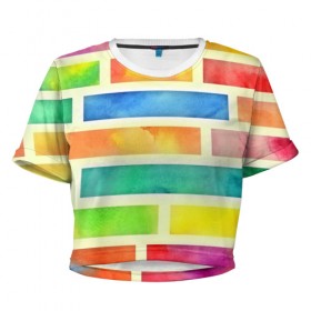 Женская футболка 3D укороченная с принтом Bricks Watercolor в Петрозаводске, 100% полиэстер | круглая горловина, длина футболки до линии талии, рукава с отворотами | 3d | watercolor | кирпичики | клетка | радуга | текстуры | цветные линии