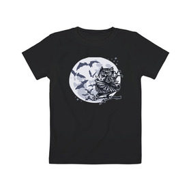 Детская футболка хлопок с принтом Сова ниндзя в Петрозаводске, 100% хлопок | круглый вырез горловины, полуприлегающий силуэт, длина до линии бедер | Тематика изображения на принте: ninja | owl | летучие мыши | луна | ночь | сюрикен | филин