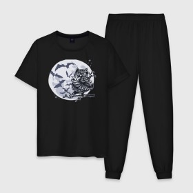 Мужская пижама хлопок с принтом Сова ниндзя в Петрозаводске, 100% хлопок | брюки и футболка прямого кроя, без карманов, на брюках мягкая резинка на поясе и по низу штанин
 | ninja | owl | летучие мыши | луна | ночь | сюрикен | филин