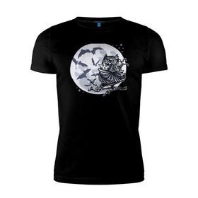 Мужская футболка премиум с принтом Сова ниндзя в Петрозаводске, 92% хлопок, 8% лайкра | приталенный силуэт, круглый вырез ворота, длина до линии бедра, короткий рукав | ninja | owl | летучие мыши | луна | ночь | сюрикен | филин