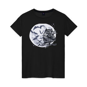 Женская футболка хлопок с принтом Сова ниндзя в Петрозаводске, 100% хлопок | прямой крой, круглый вырез горловины, длина до линии бедер, слегка спущенное плечо | ninja | owl | летучие мыши | луна | ночь | сюрикен | филин