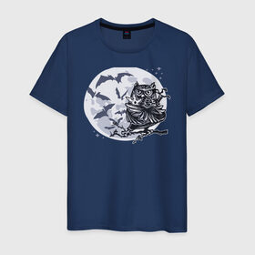 Мужская футболка хлопок с принтом Сова ниндзя в Петрозаводске, 100% хлопок | прямой крой, круглый вырез горловины, длина до линии бедер, слегка спущенное плечо. | ninja | owl | летучие мыши | луна | ночь | сюрикен | филин