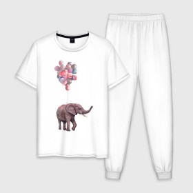 Мужская пижама хлопок с принтом Слоник-подарок в Петрозаводске, 100% хлопок | брюки и футболка прямого кроя, без карманов, на брюках мягкая резинка на поясе и по низу штанин
 | акварель | воздушные шары | легкость | подарок | слон | слоник | шарики | шары