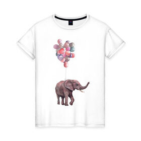Женская футболка хлопок с принтом Слоник-подарок в Петрозаводске, 100% хлопок | прямой крой, круглый вырез горловины, длина до линии бедер, слегка спущенное плечо | акварель | воздушные шары | легкость | подарок | слон | слоник | шарики | шары