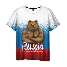 Мужская футболка 3D с принтом Russian Bear в Петрозаводске, 100% полиэфир | прямой крой, круглый вырез горловины, длина до линии бедер | bear | russia | медведь | патриотическая | россия | русский медведь | триколор | флаг рф