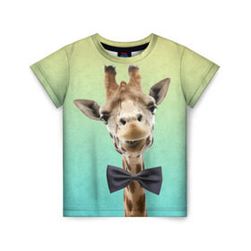Детская футболка 3D с принтом Жираф и бабочка в Петрозаводске, 100% гипоаллергенный полиэфир | прямой крой, круглый вырез горловины, длина до линии бедер, чуть спущенное плечо, ткань немного тянется | Тематика изображения на принте: жираф