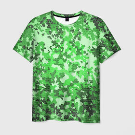 Мужская футболка 3D с принтом Камуфляж зеленые соты в Петрозаводске, 100% полиэфир | прямой крой, круглый вырез горловины, длина до линии бедер | Тематика изображения на принте: армия | болото | зеленка | зеленый | камок | камуфляж | лес | маскировка | мундир | натовка | охотник | пазл | прикольный | рыбак | солдат | яркий