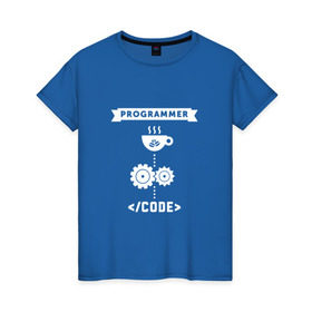 Женская футболка хлопок с принтом Принцип работы программиста в Петрозаводске, 100% хлопок | прямой крой, круглый вырез горловины, длина до линии бедер, слегка спущенное плечо | code | programmer | зёрна | код | кофе | программист | чашка | шестерни