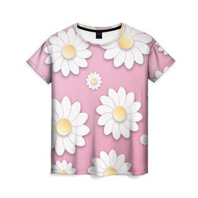 Женская футболка 3D с принтом Ромашки в Петрозаводске, 100% полиэфир ( синтетическое хлопкоподобное полотно) | прямой крой, круглый вырез горловины, длина до линии бедер | весна | природа | ромашки | цветы