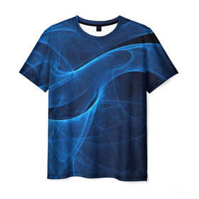 Мужская футболка 3D с принтом Дым в Петрозаводске, 100% полиэфир | прямой крой, круглый вырез горловины, длина до линии бедер | волна | лазер | луч | пламя | синий