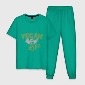 Мужская пижама хлопок с принтом Vegan for Life в Петрозаводске, 100% хлопок | брюки и футболка прямого кроя, без карманов, на брюках мягкая резинка на поясе и по низу штанин
 | green | vegan | yoga | веган | вегетарианец | вегетарианство | витамины | здоровье | зеленый | зож | йога | овощи | фрукты