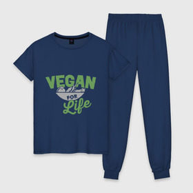 Женская пижама хлопок с принтом Vegan for Life в Петрозаводске, 100% хлопок | брюки и футболка прямого кроя, без карманов, на брюках мягкая резинка на поясе и по низу штанин | green | vegan | yoga | веган | вегетарианец | вегетарианство | витамины | здоровье | зеленый | зож | йога | овощи | фрукты