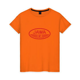 Женская футболка хлопок с принтом Мотоцикл Jawa логотип в Петрозаводске, 100% хлопок | прямой крой, круглый вырез горловины, длина до линии бедер, слегка спущенное плечо | jawa | мотоцикл | ява