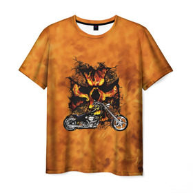 Мужская футболка 3D с принтом Череп в огне, байк в Петрозаводске, 100% полиэфир | прямой крой, круглый вырез горловины, длина до линии бедер | Тематика изображения на принте: байкер | мотоцикл | огонь | череп