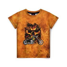Детская футболка 3D с принтом Череп в огне, байк в Петрозаводске, 100% гипоаллергенный полиэфир | прямой крой, круглый вырез горловины, длина до линии бедер, чуть спущенное плечо, ткань немного тянется | Тематика изображения на принте: байкер | мотоцикл | огонь | череп