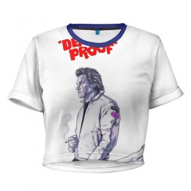 Женская футболка 3D укороченная с принтом Death proof в Петрозаводске, 100% полиэстер | круглая горловина, длина футболки до линии талии, рукава с отворотами | stuntman mike | квентин | курт рассел | тарантино